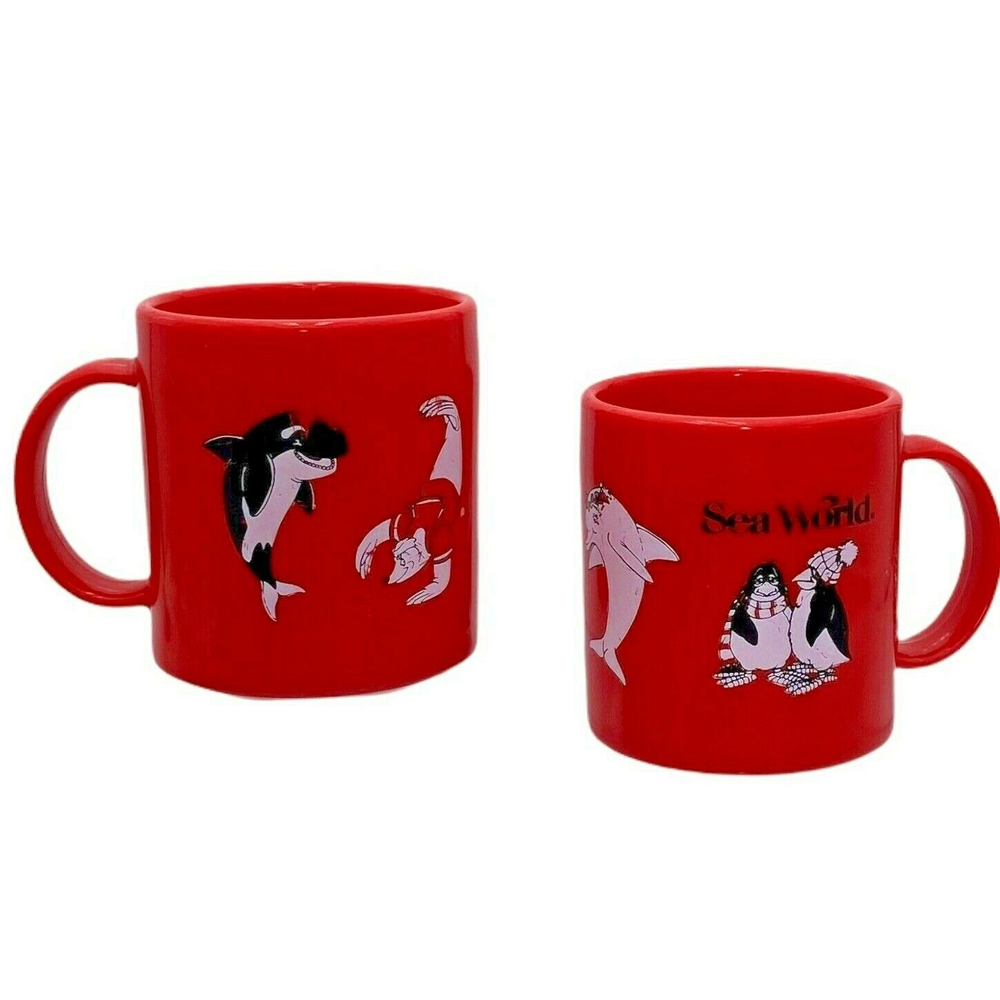 Vintage Sea World Mug Shamu Orca Penguin Sea Lion Logo Red Plastic Kid's Cup